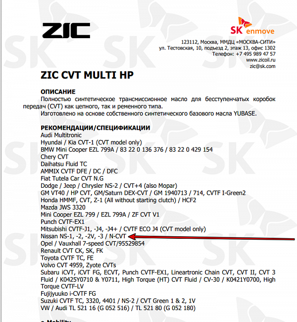 Используемое трансмиссионное масло ZIC CVT Multi  имеет официальный допуск Nissan CVT NS-3